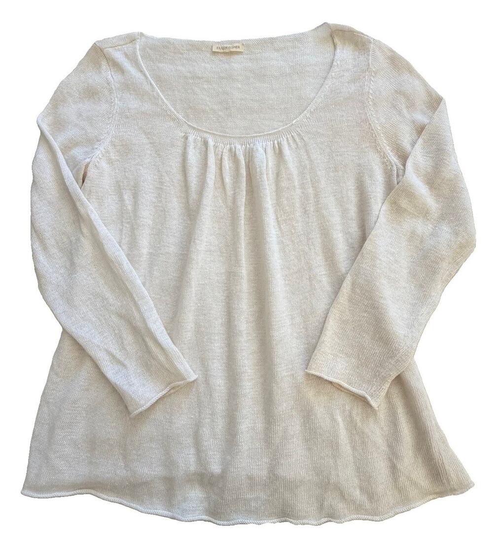 Eileen Fisher Ivory 100% Linen Scoop Neck Long Sleeve Knit Top Sweater Size M